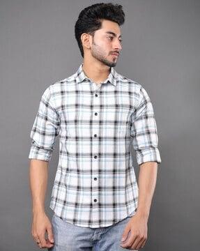 checked slim fit shirt with spread collar