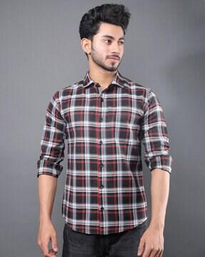 checked slim fit shirt with spread collar