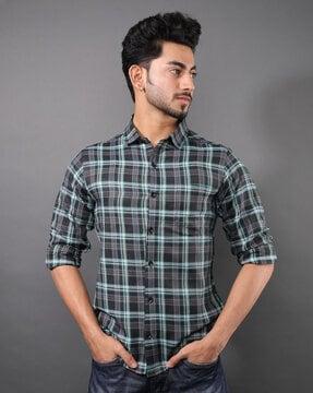 checked slim fit shirt with spread collar