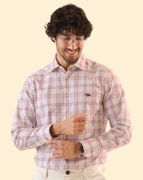checked slim fit shirt with spread collar