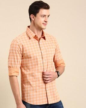 checked slim fit shirt with spread collar