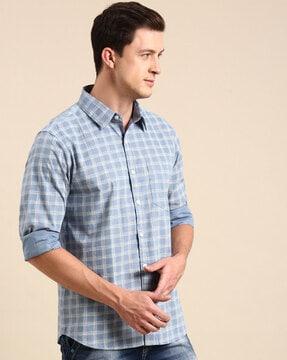 checked slim fit shirt with spread collar