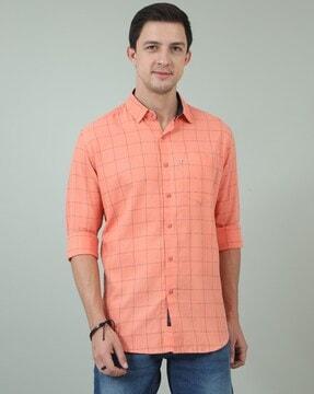 checked slim fit shirt with spread collar