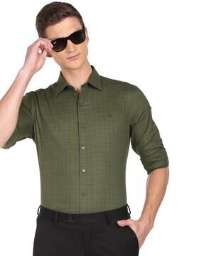 checked slim fit spread-collar shirt