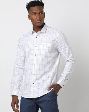 checked slim fit spread collar shirt