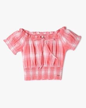 checked smock top with puff sleeves