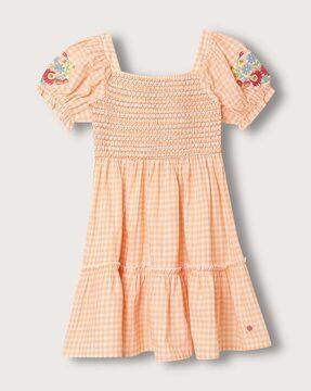 checked smocked tiered dress