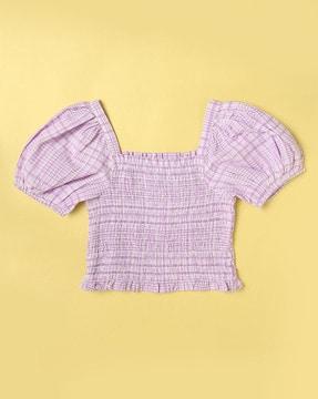 checked smocked top with puff sleeves