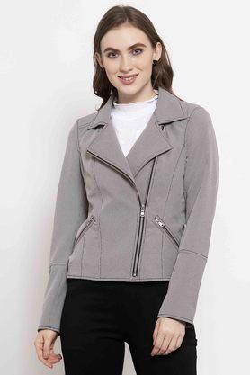 checked spread collar polyester womens casual jacket - black