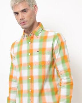 checked spread-collar shirt with patch pocket