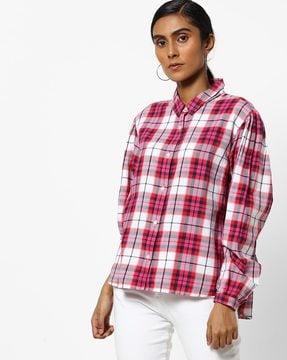 checked spread-collar shirt with patch pocket