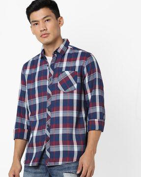 checked spread collar shirt with patch pocket