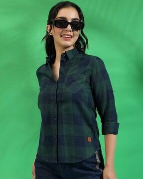 checked spread-collar shirt with patch pockets