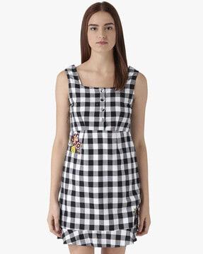 checked square-neck a-line dress