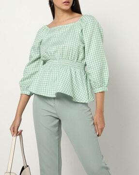 checked square-neck peplum top