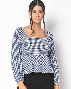 checked square-neck peplum top