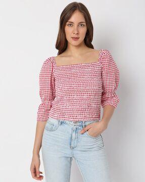 checked square-neck smocked top