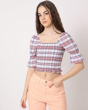 checked square-neck top