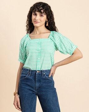 checked square-neck top