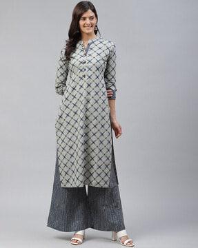 checked straight kurta set with mandarin collar