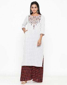 checked straight kurta set