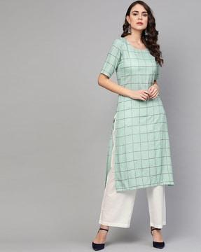 checked straight kurta set