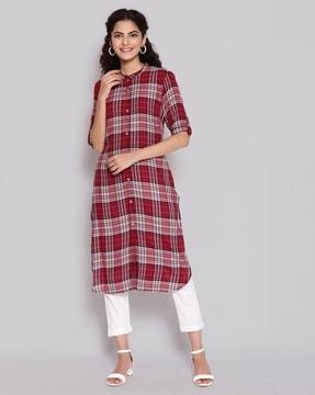 checked straight kurta with mandarin collar