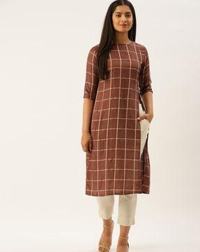 checked straight kurta with side slit