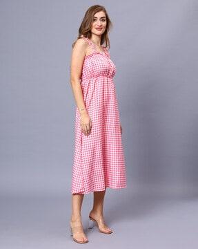 checked strappy a-line dress with frilled detail