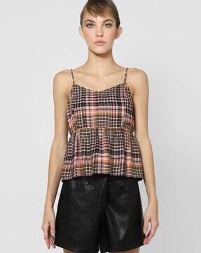 checked strappy sleeveless peplum top