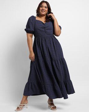 checked sweetheart-neck a-line dress