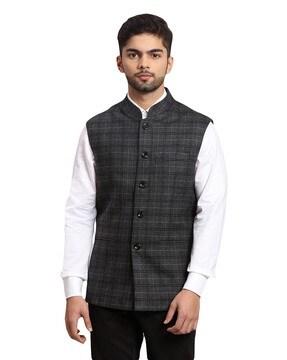 checked tailored fit nehru jacket