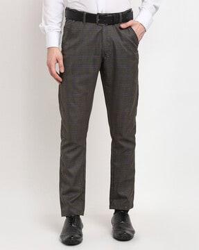 checked tapered fit flat front trousers