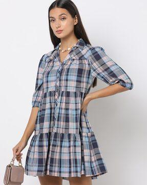 checked tiered dress with placket