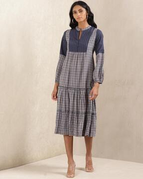 checked tiered dress with puff sleeves