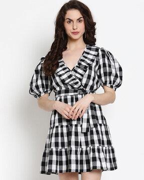 checked tiered wrap dress