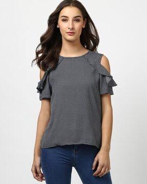 checked top with cold-shoulder sleeves