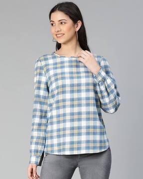 checked top with cuffed sleeves