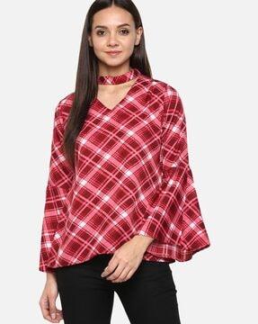 checked top with neck cutout & sleeve slits