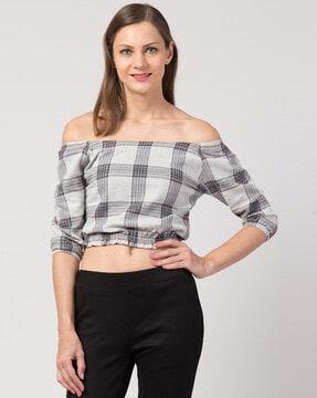 checked top with off-shoulder sleeves