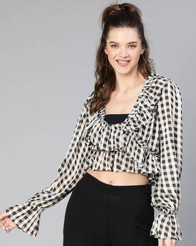 checked top with ruffled panel