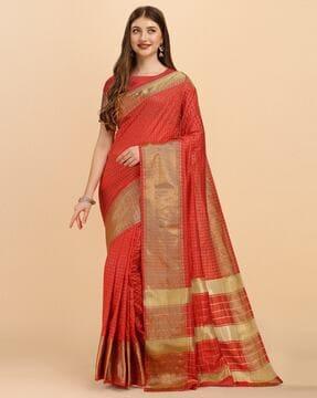 checked traditional saree with zari woven border