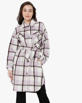 checked trench coat with belt