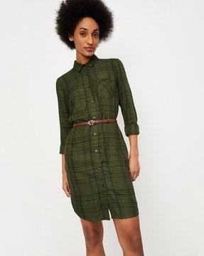 checked tunic with belt