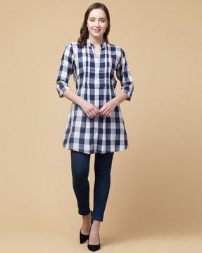 checked tunic with collar-neck