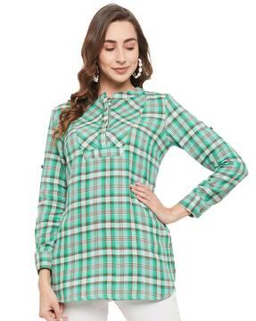 checked tunic with half-button closure