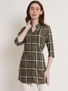 checked tunic with mandarin collar