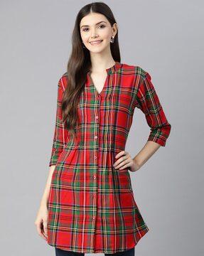 checked tunic with mandarin collar