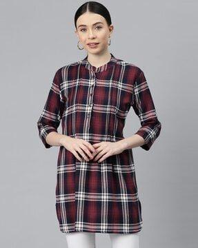 checked tunic with mandarin collar