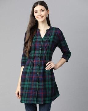 checked tunic with mandarin collar